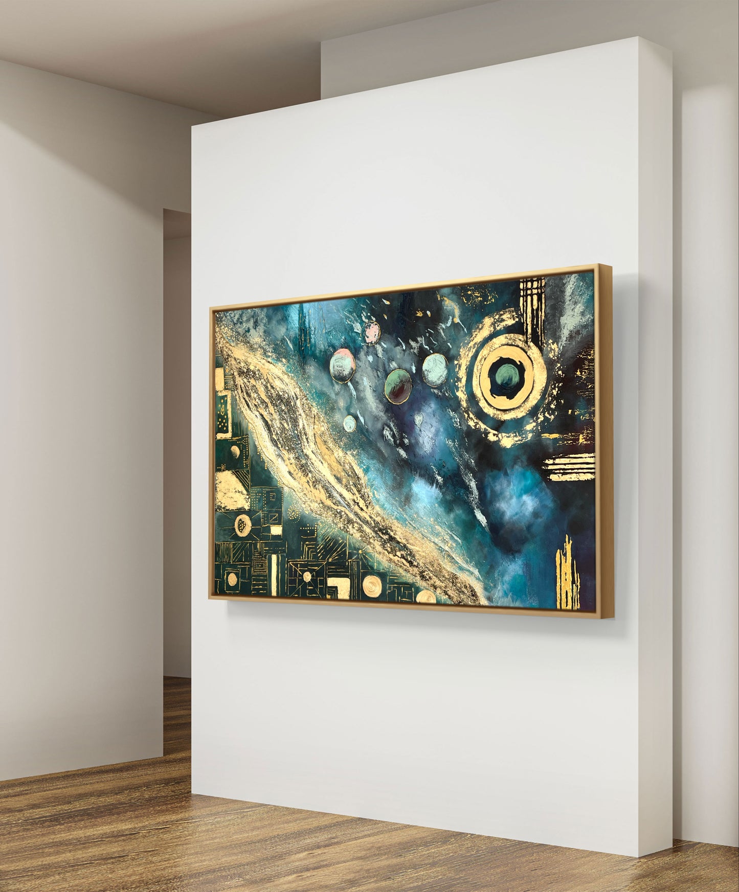 Abstraktes Originalgemälde – Cosmos in Blau & Gold – Acryl auf Leinwand 150 × 100 cm – Handsigniert