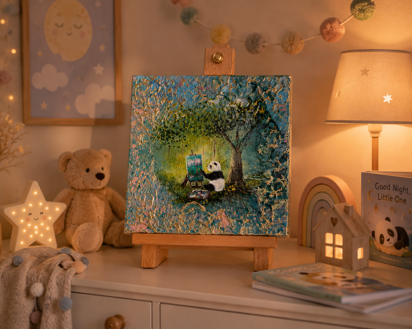 Little Artist – Handgemaltes Panda Gemälde 20 × 20 cm | Original Acrylmalerei | Kinderzimmer Wandbild | Hope & Light Collection