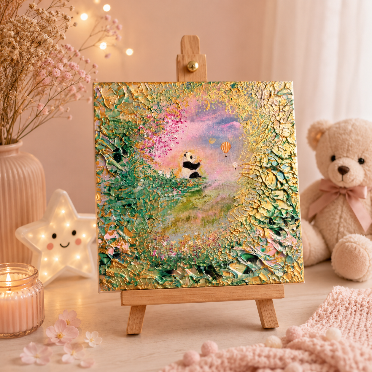 Dreams Take Flight – Handgemaltes Panda Gemälde 20 × 20 cm | Original Acrylmalerei | Kinderzimmer Wandbild | Hope & Light Collection
