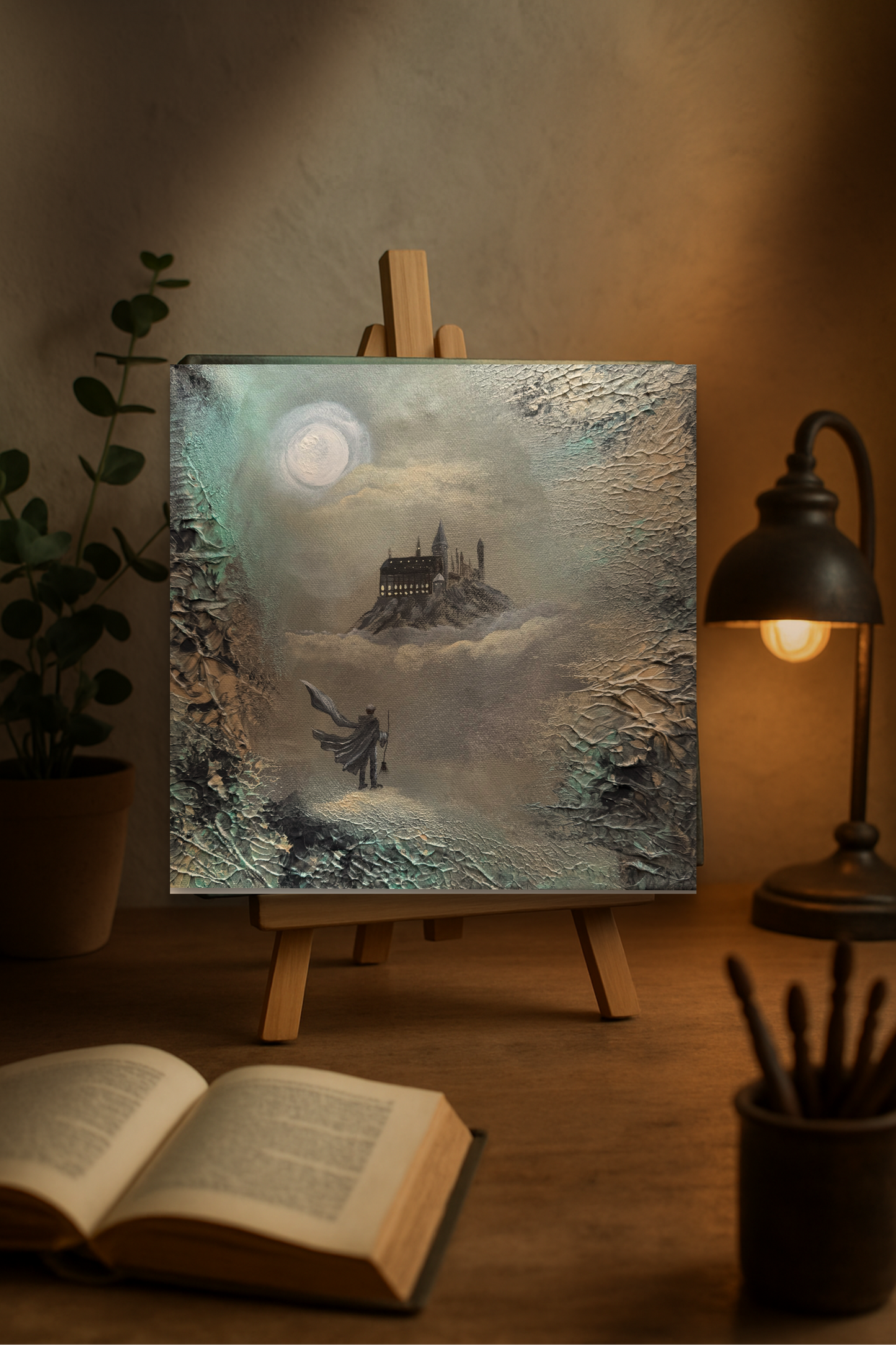 Magisches kleines Gemälde 30x30cm - Fantasy Kunst Schloss Zauberschule Geschenkidee - Unikat - Staffelei als Geschenk - Strukturmalerei