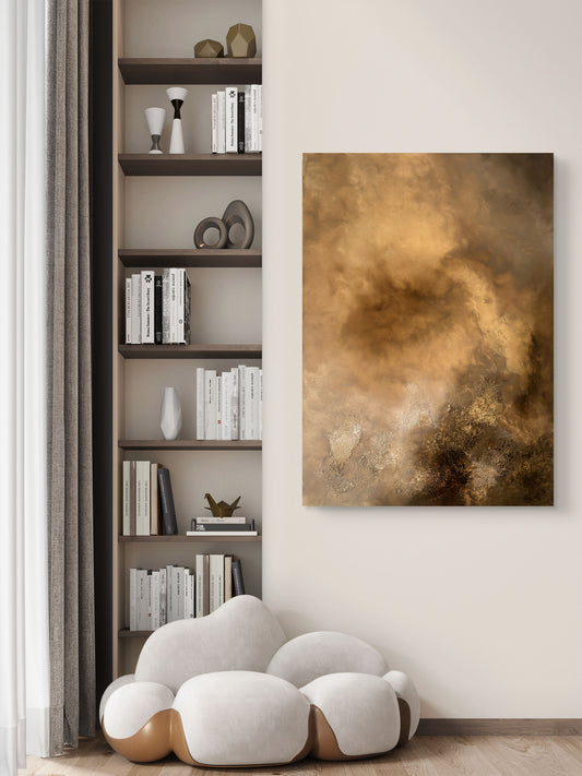 Abstraktes Gemälde 70x100 cm – Original Acrylbild Braun Gold mit Struktur – Moderne Wandkunst – Where the Light Remains