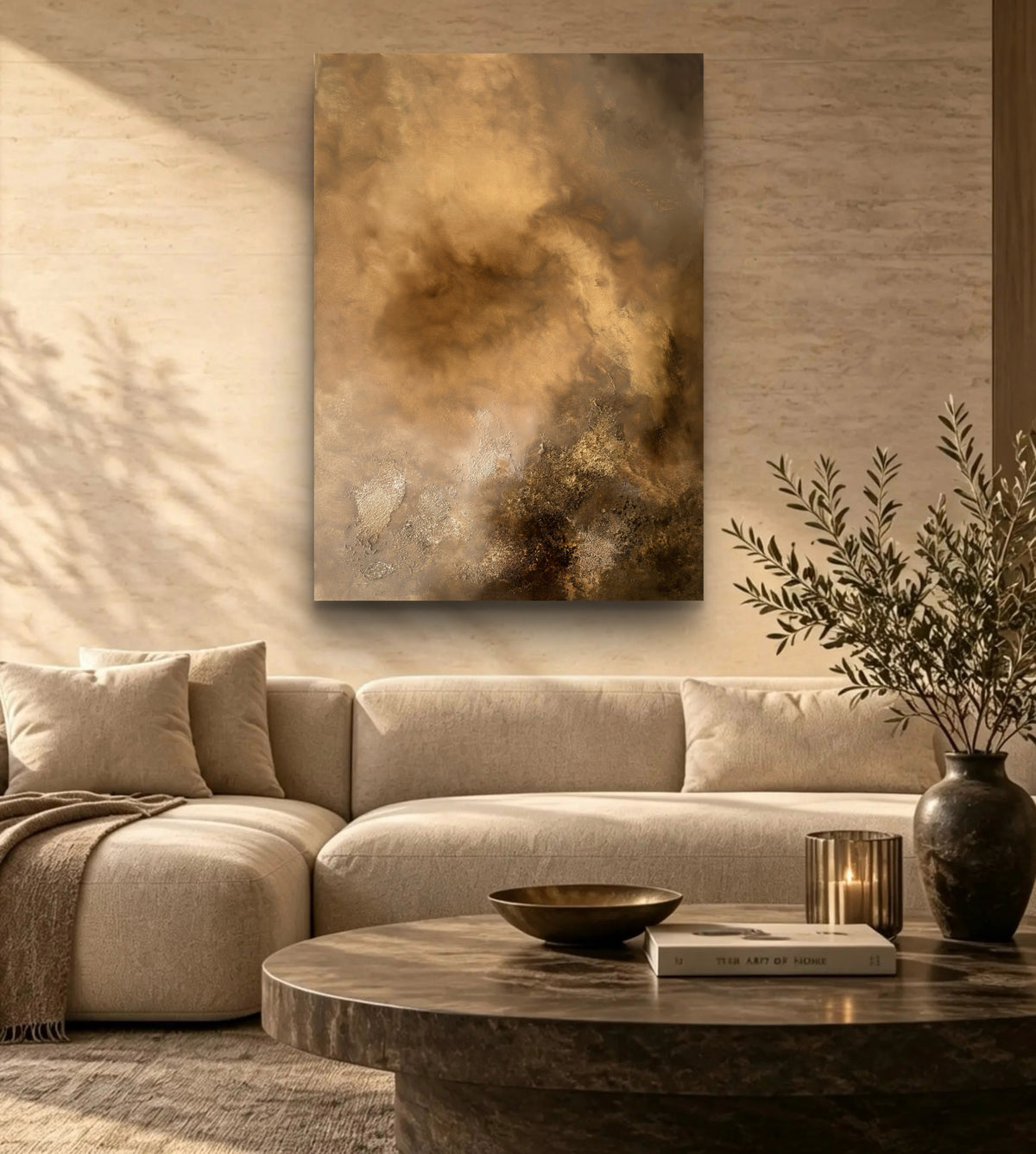 Abstraktes Gemälde 70x100 cm – Original Acrylbild Braun Gold mit Struktur – Moderne Wandkunst – Where the Light Remains