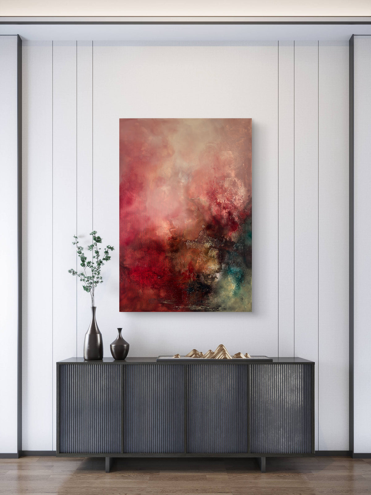 Abstraktes Gemälde 70x100 cm – Original Acrylbild Rot Gold mit Struktur – Moderne Wandkunst – After the Fire