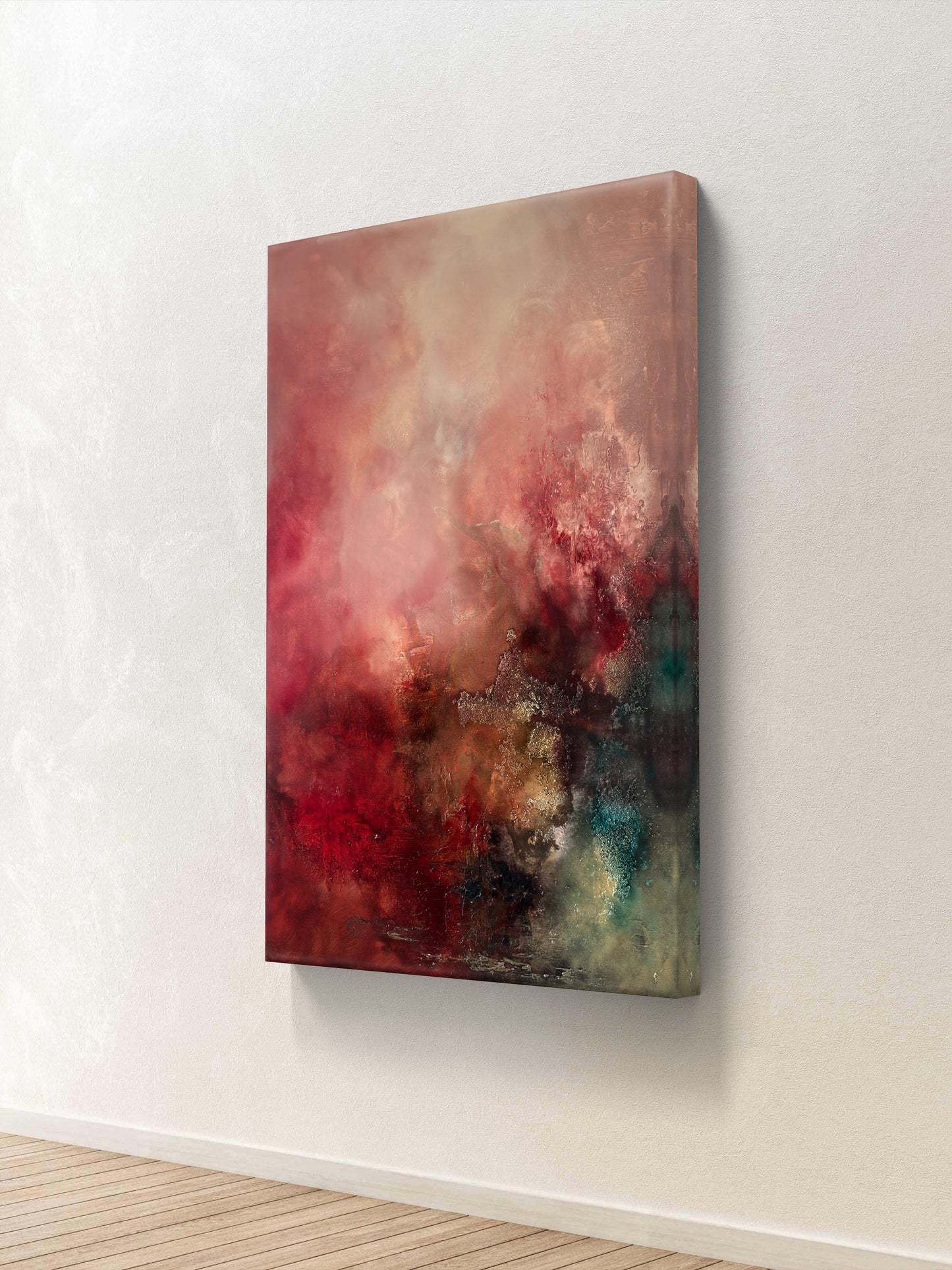 Abstraktes Gemälde 70x100 cm – Original Acrylbild Rot Gold mit Struktur – Moderne Wandkunst – After the Fire