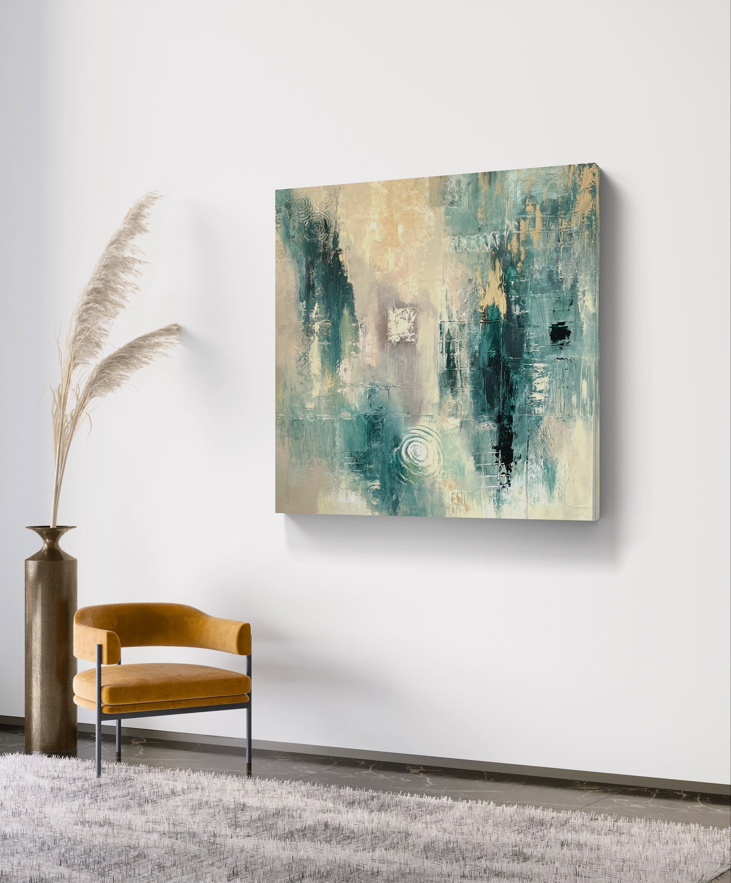 Original handgemaltes abstraktes Gemälde 100 × 100 cm in Türkis, Grün, Creme & Gold mit Struktur