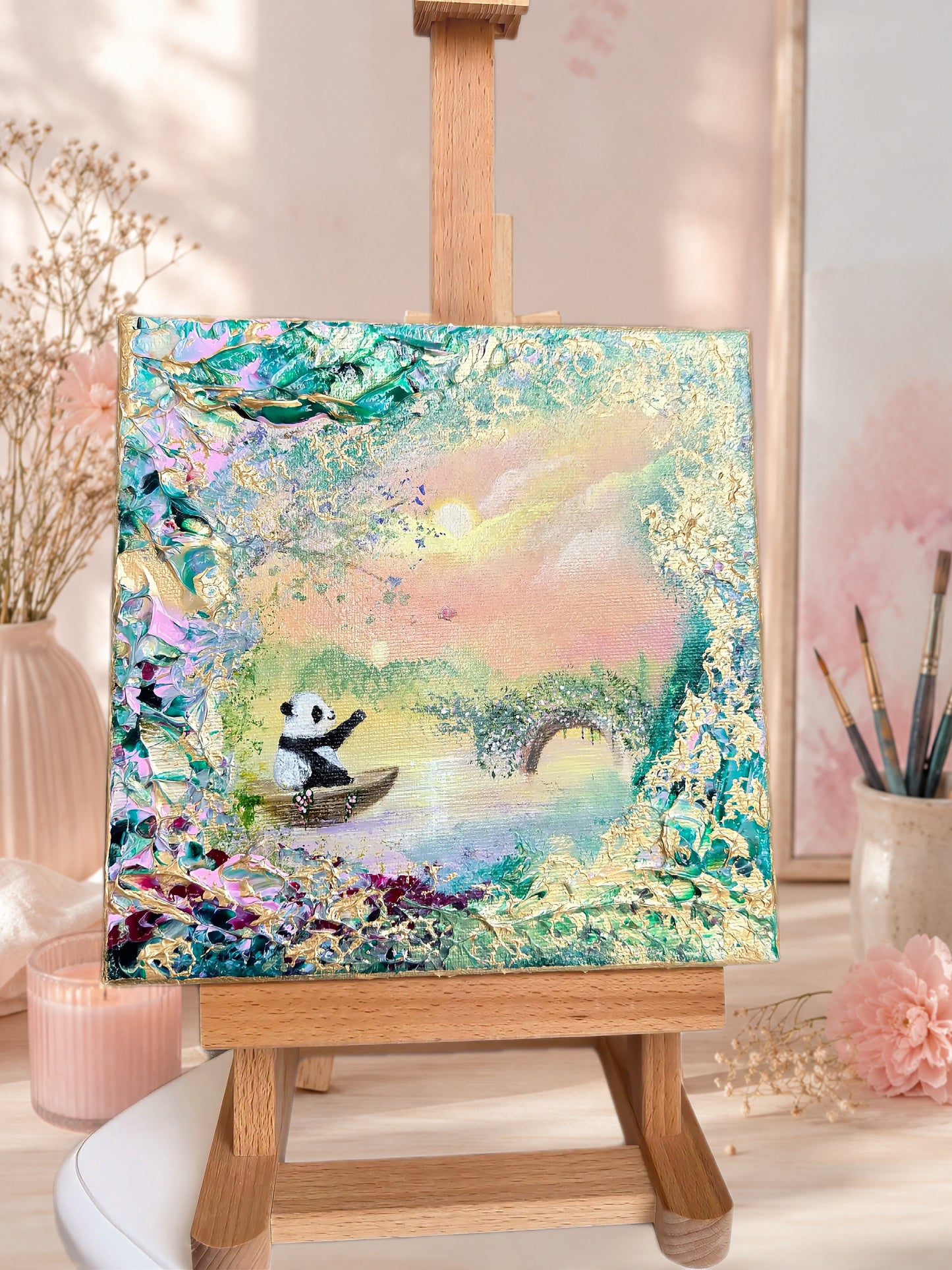 A Journey of Hope – Handgemaltes Panda Gemälde 20 × 20 cm | Original Acrylmalerei | Kinderzimmer Wandbild | Hope & Light Collection