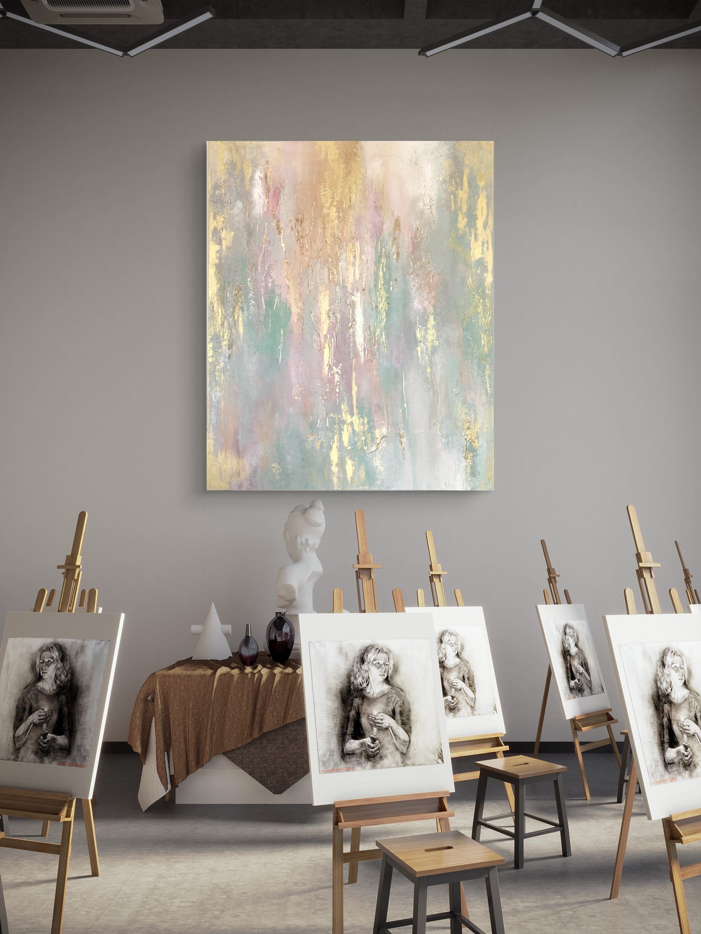 Abstraktes Originalgemälde in Gold, Beige & Pastelltönen – Acryl auf Leinwand 120 × 100 cm – Handsigniert
