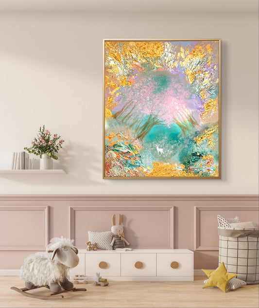 Original handgemaltes Fantasy-Gemälde 50 × 60 cm mit Hirschkalb im magischen Wald