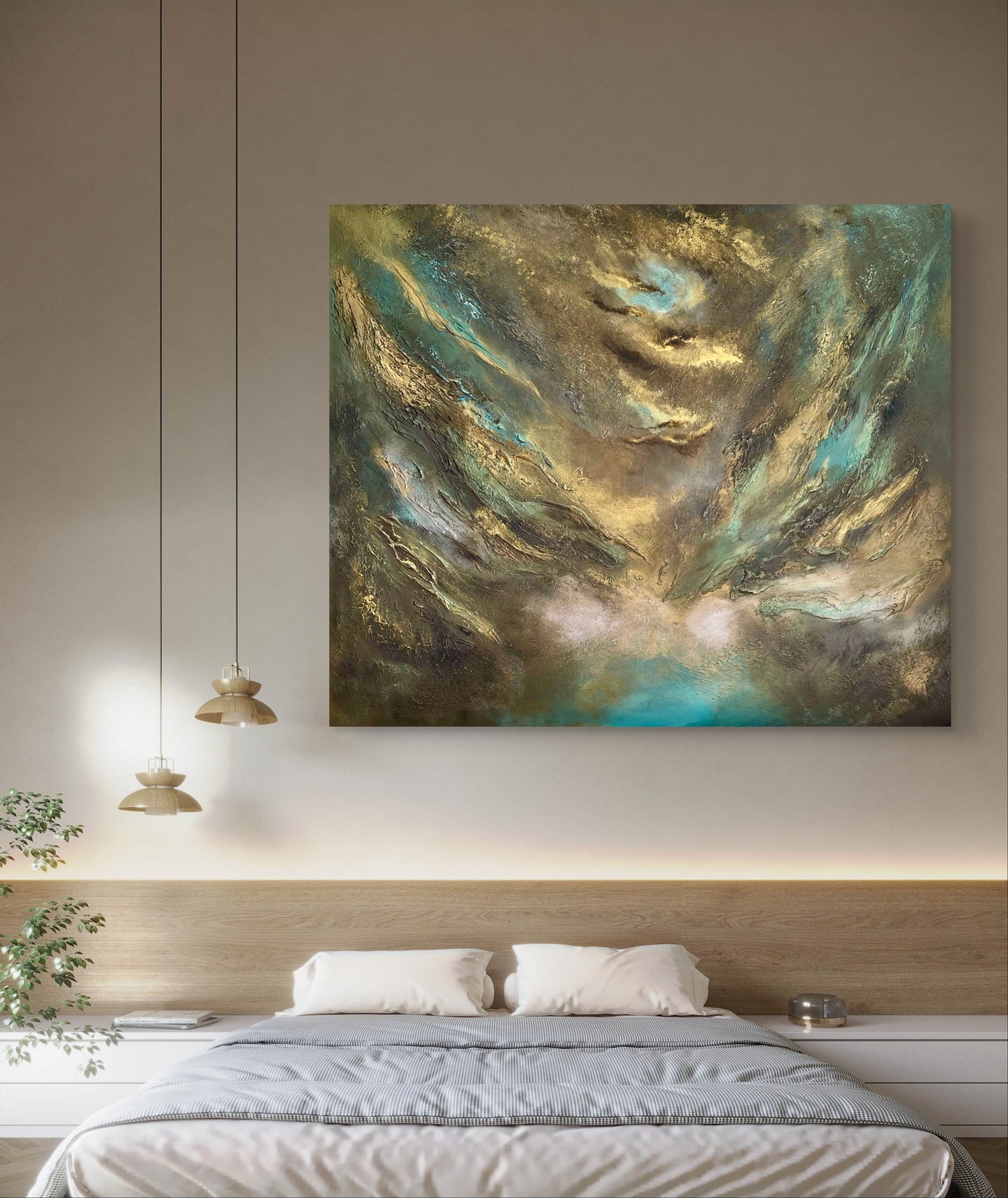 Abstraktes Gemälde in Gold, Türkis & Bronze kaufen – Original Acrylgemälde 120 × 100 cm