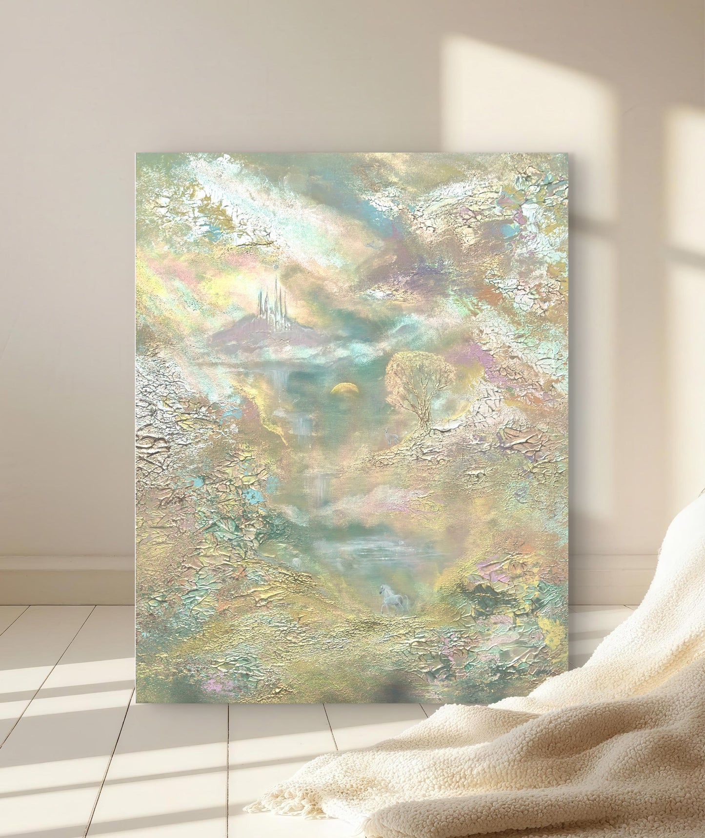 Pastellfarbenes Fantasy-Landschaftsgemälde mit Pferd, Schwan, Hirsch und Schloss – Original 80 × 100 cm