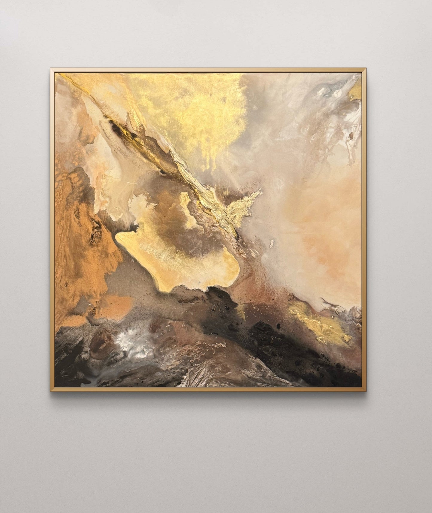 Original handgemaltes abstraktes Gemälde 100 × 100 cm in Gold, Braun & Bronze