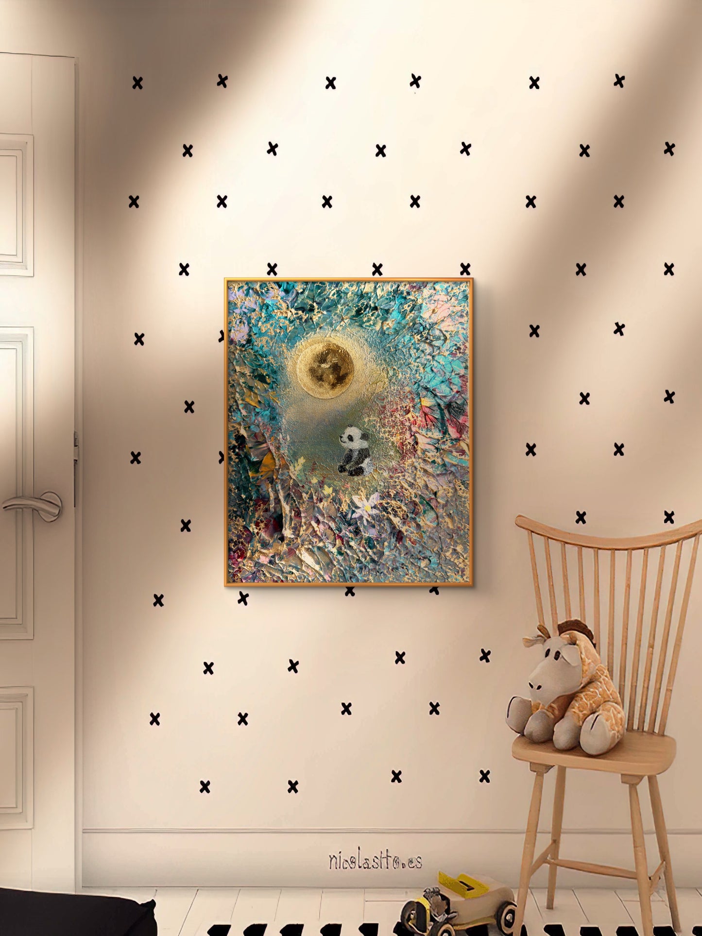 Under the Golden Moon – Handgemaltes Panda Gemälde 24 × 30 cm | Original Acrylmalerei | Kinderzimmer Wandbild | Hope & Light Collection