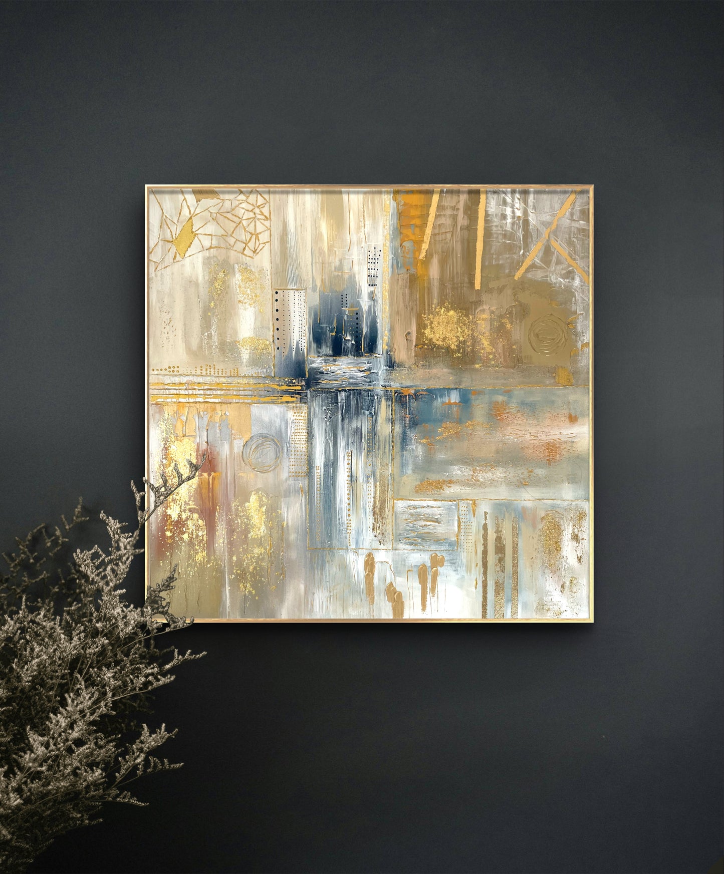 Abstraktes Acrylgemälde Goldgemälde Wandkunst Leinwand (80x80) Wanddekoration handgemalt Unikat geometrisch original Beige Goldakzente