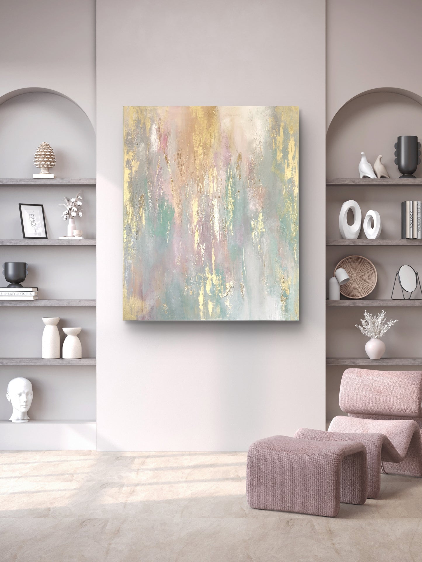 Abstraktes Originalgemälde in Gold, Beige & Pastelltönen – Acryl auf Leinwand 120 × 100 cm – Handsigniert