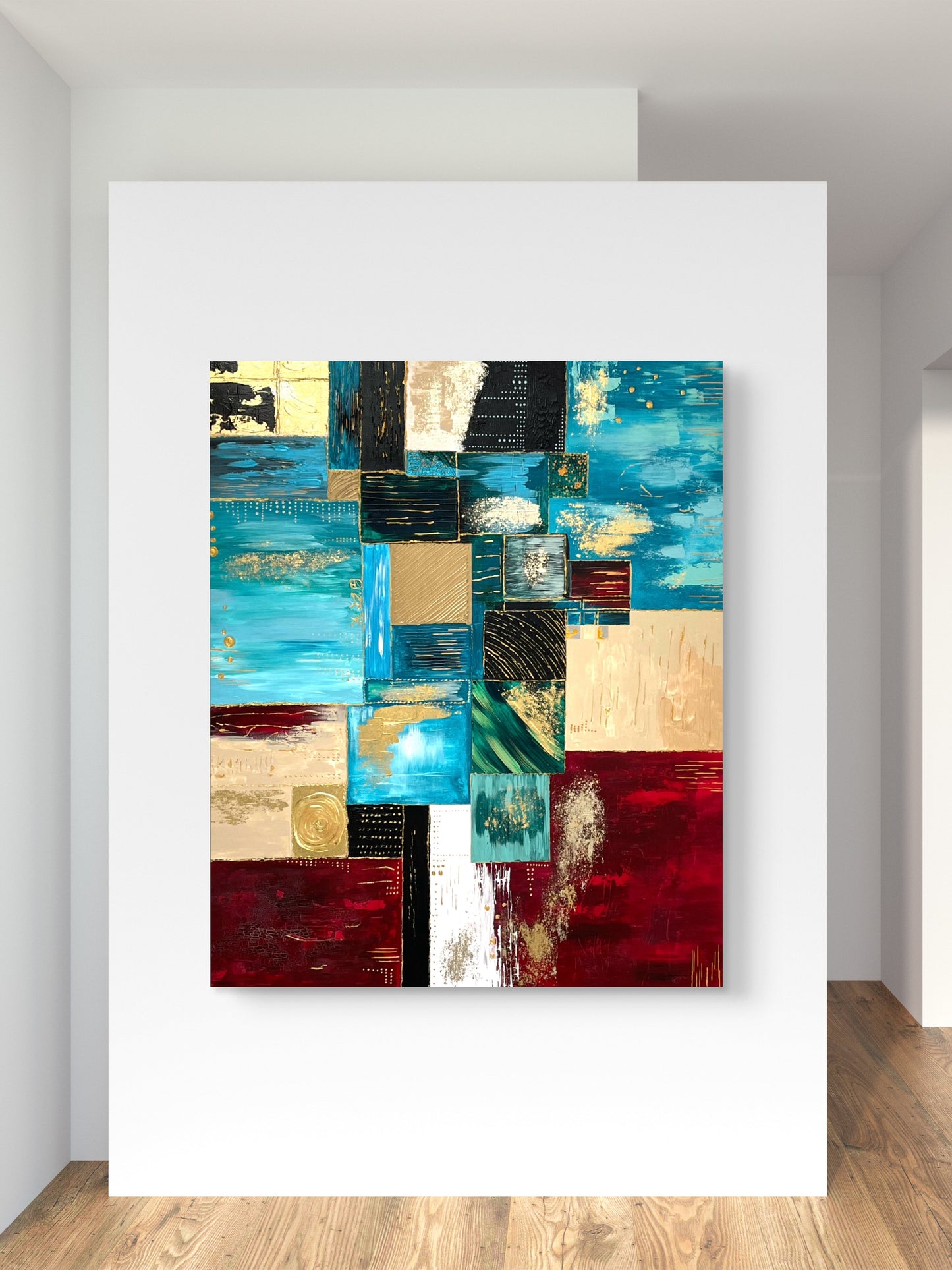 Original handgemaltes abstraktes Gemälde 120 × 100 cm in Blau, Rot, Beige