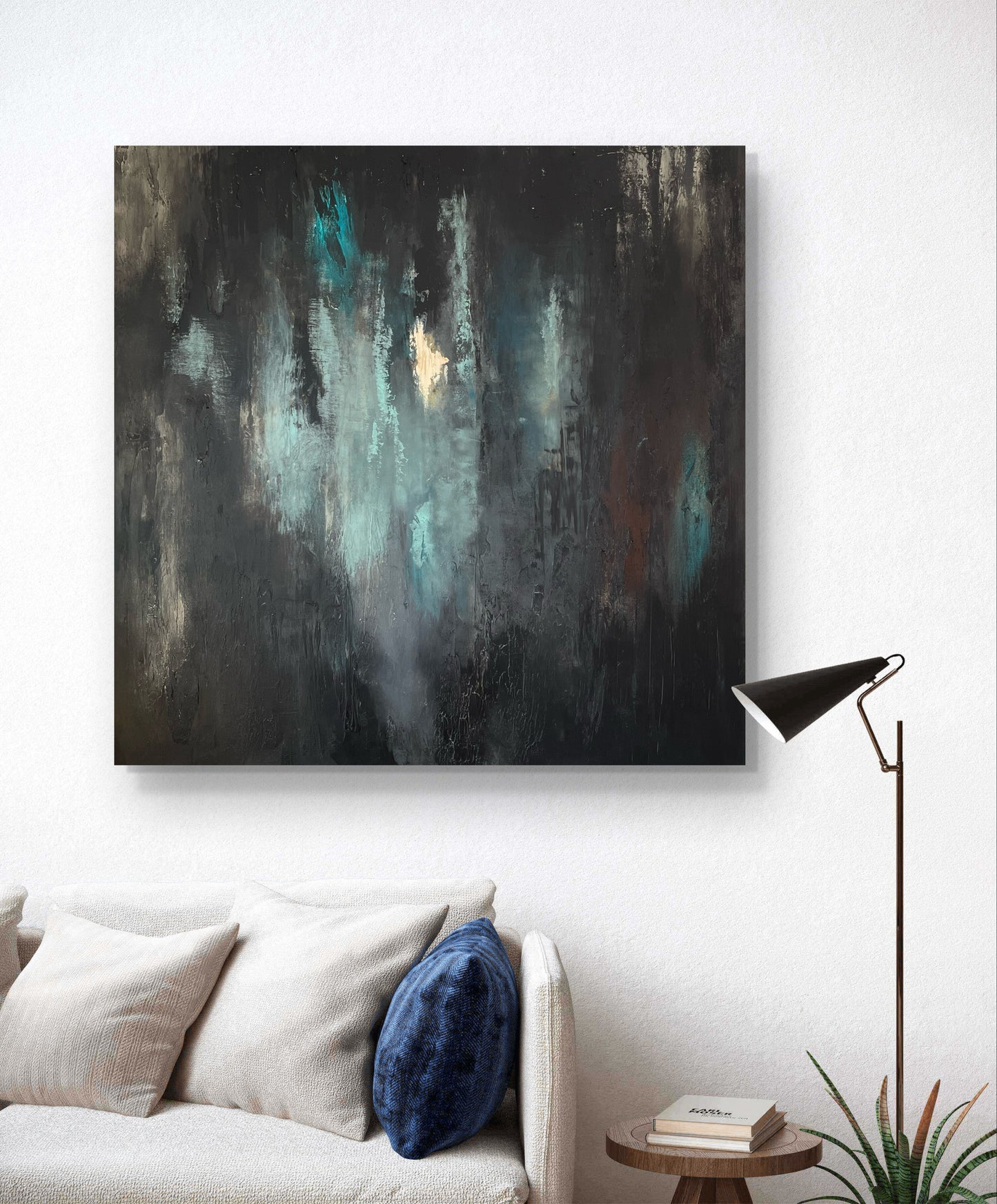Abstraktes Originalgemälde in Schwarz, Türkis & Gold – Acryl auf Leinwand 100 × 100 cm – Handsigniert