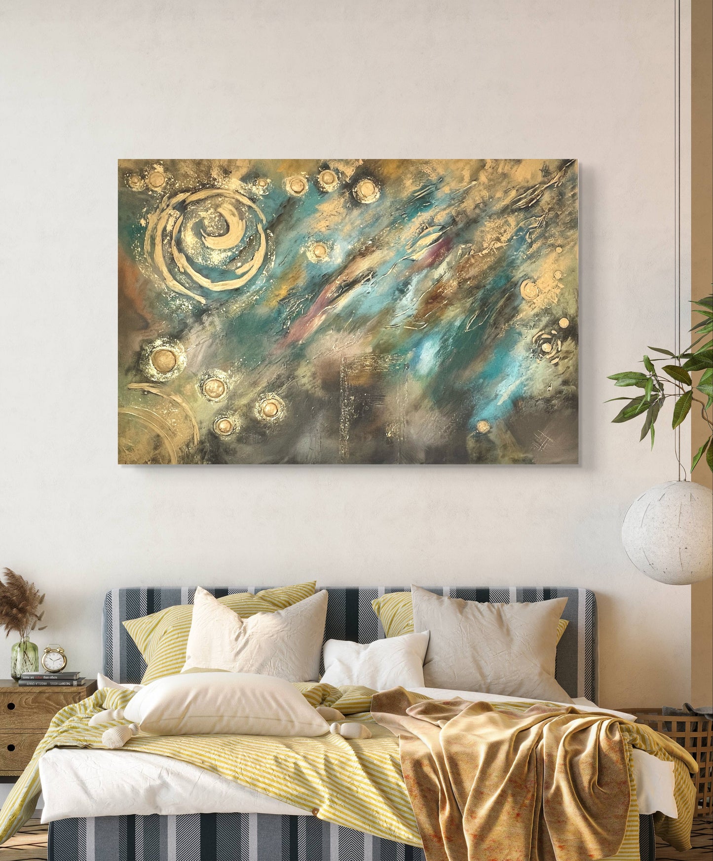 Abstraktes Originalgemälde – Celestial Flow in Gold & Blau – Acryl auf Leinwand 150 × 100 cm – Handsigniert