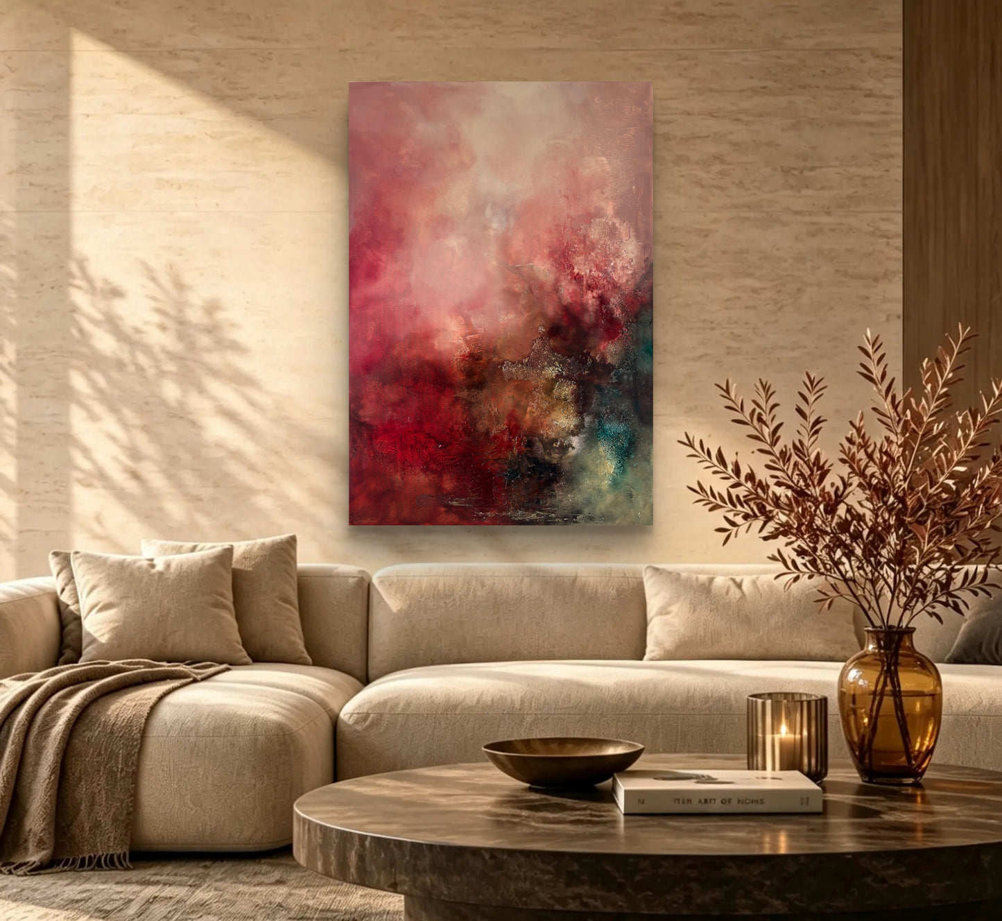 Abstraktes Gemälde 70x100 cm – Original Acrylbild Rot Gold mit Struktur – Moderne Wandkunst – After the Fire
