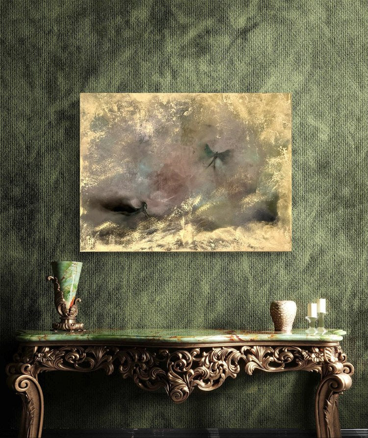 Fantasy Originalgemälde – Pferd & Kolibri mit Goldakzenten – Acryl auf Leinwand 80 × 60 cm – Handsigniert