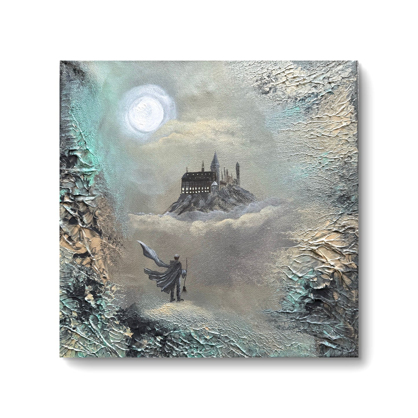 Magisches kleines Gemälde 30x30cm - Fantasy Kunst Schloss Zauberschule Geschenkidee - Unikat - Staffelei als Geschenk - Strukturmalerei