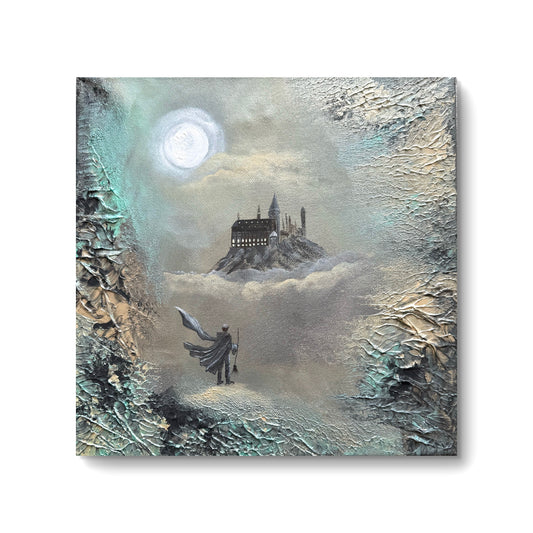 Magisches kleines Gemälde 30x30cm - Fantasy Kunst Schloss Zauberschule Geschenkidee - Unikat - Staffelei als Geschenk - Strukturmalerei