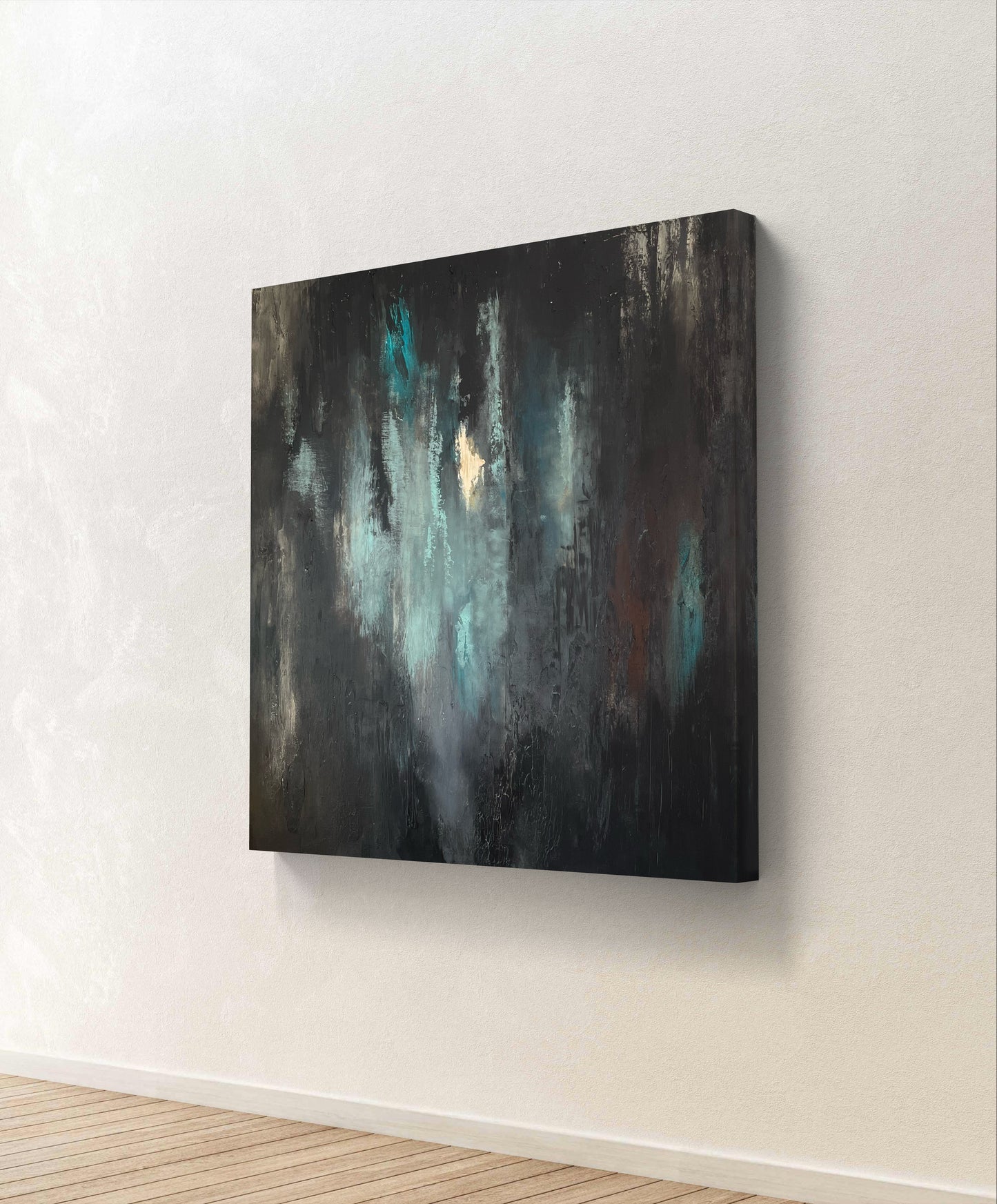 Abstraktes Originalgemälde in Schwarz, Türkis & Gold – Acryl auf Leinwand 100 × 100 cm – Handsigniert