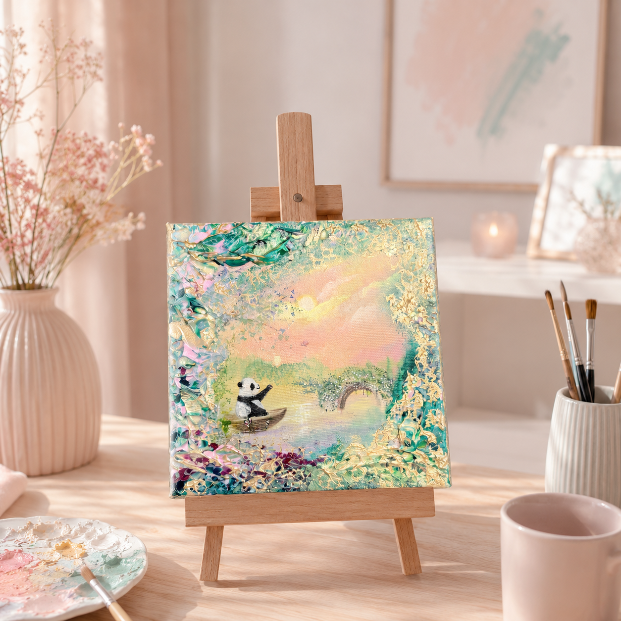 A Journey of Hope – Handgemaltes Panda Gemälde 20 × 20 cm | Original Acrylmalerei | Kinderzimmer Wandbild | Hope & Light Collection