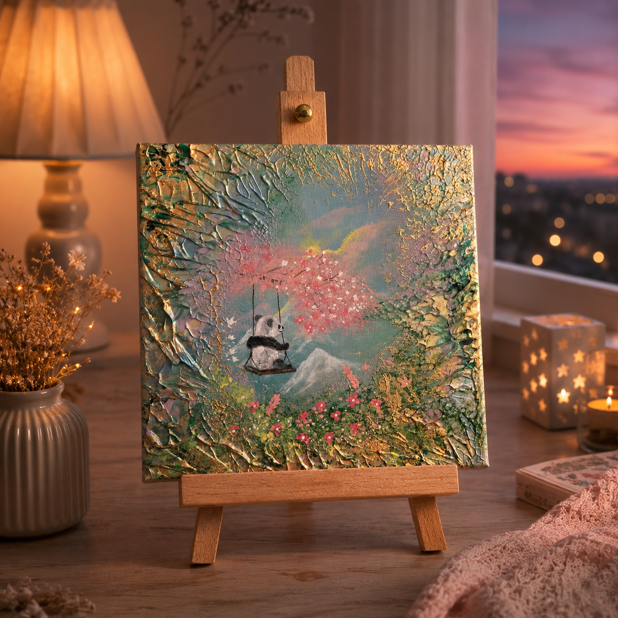 A Swing Above the Mountains – Handgemaltes Panda Gemälde 30 × 30 cm | Original Acrylmalerei | Kinderzimmer Wandbild | Hope & Light Collection