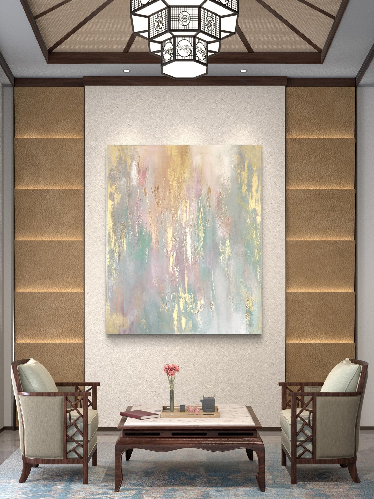 Abstraktes Originalgemälde in Gold, Beige & Pastelltönen – Acryl auf Leinwand 120 × 100 cm – Handsigniert