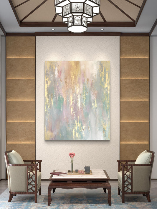 Abstraktes Originalgemälde in Gold, Beige & Pastelltönen – Acryl auf Leinwand 120 × 100 cm – Handsigniert