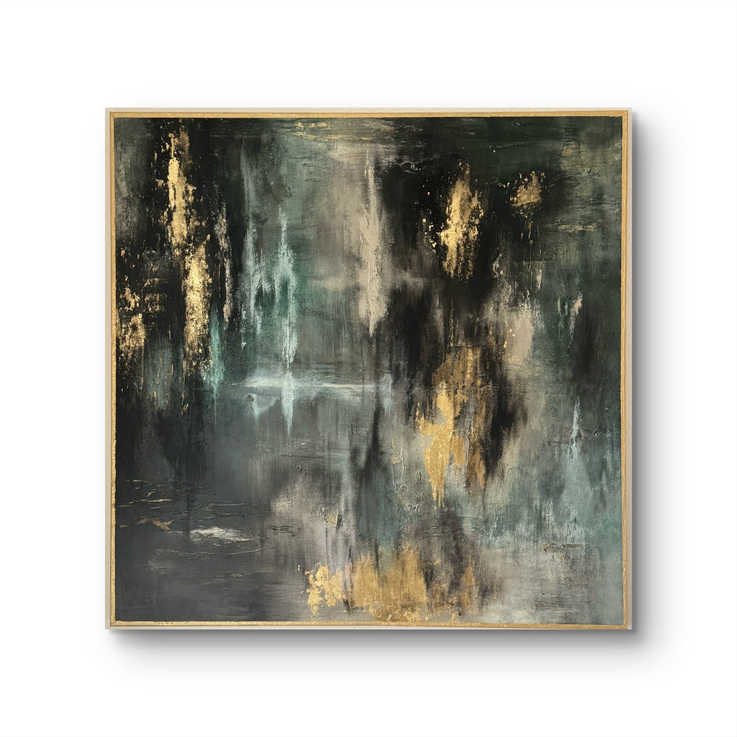 Original handgemaltes abstraktes Gemälde 100 × 100 cm in Schwarz, Grün & Gold mit Struktur