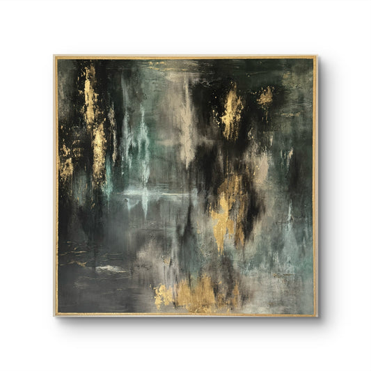 Original handgemaltes abstraktes Gemälde 100 × 100 cm in Schwarz, Grün & Gold mit Struktur