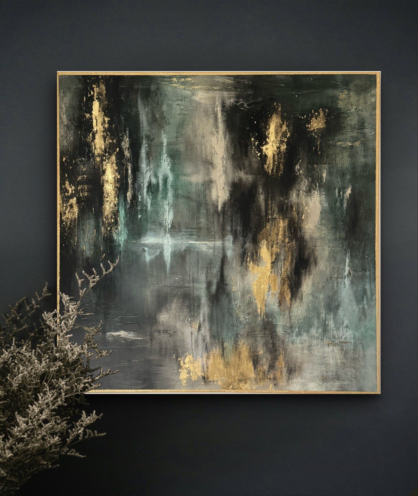 Original handgemaltes abstraktes Gemälde 100 × 100 cm in Schwarz, Grün & Gold mit Struktur