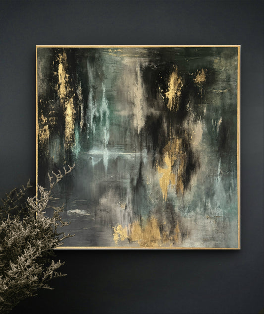 Original handgemaltes abstraktes Gemälde 100 × 100 cm in Schwarz, Grün & Gold mit Struktur