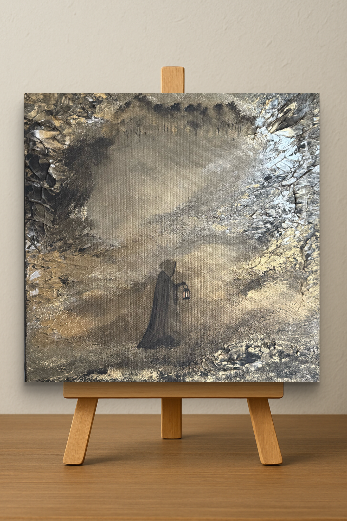 Fantasy Originalgemälde – Geheimnisvolle Figur mit Laterne – Acryl auf Leinwand 30 × 30 cm – Handsigniert