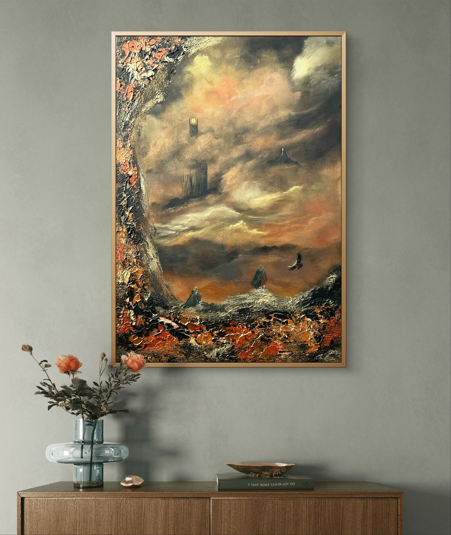 Fantasy Originalgemälde – Epische Landschaft in Gold & Schwarz – Acryl auf Leinwand 70 × 100 cm – Handsigniert