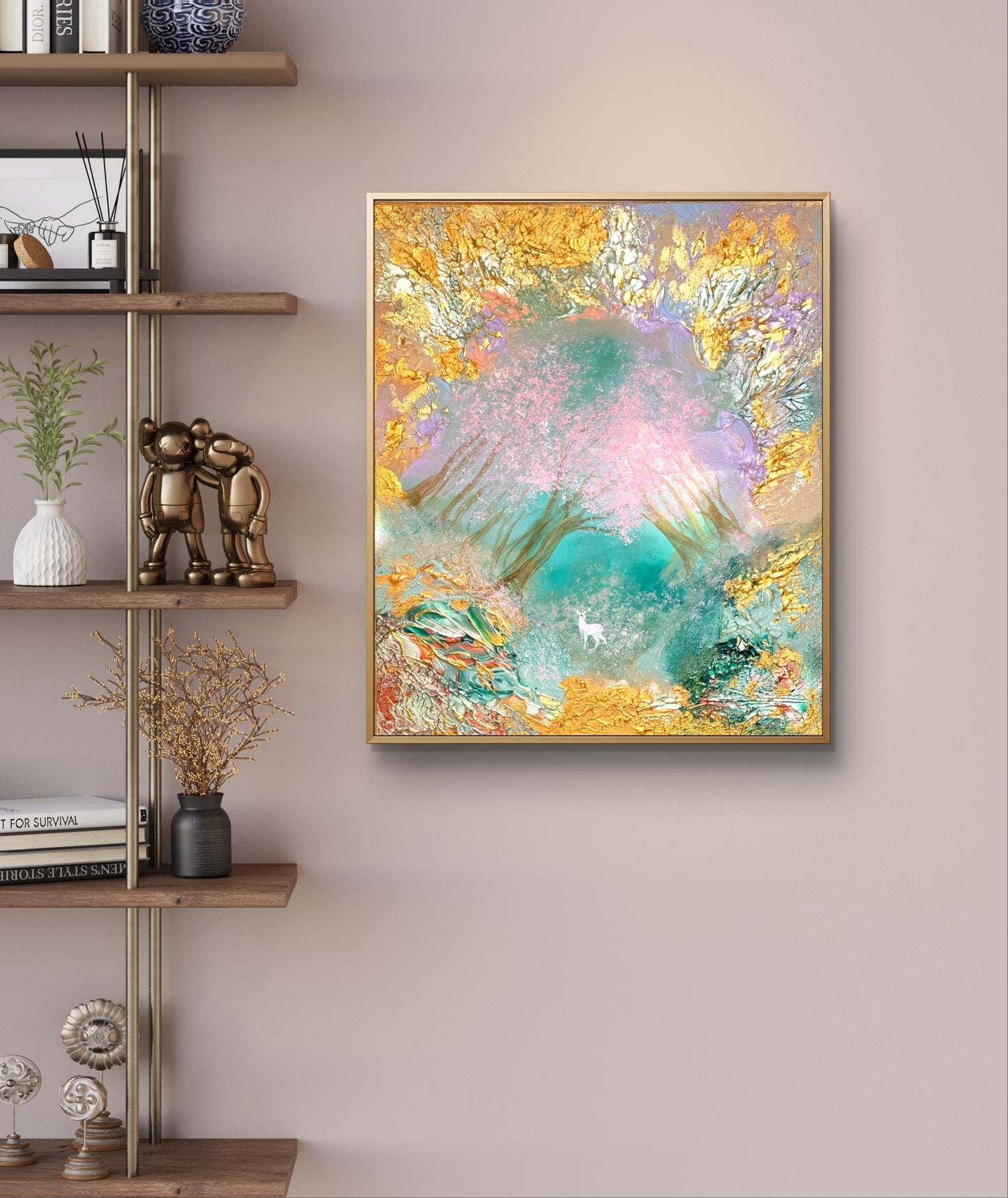 Original handgemaltes Fantasy-Gemälde 50 × 60 cm mit Hirschkalb im magischen Wald