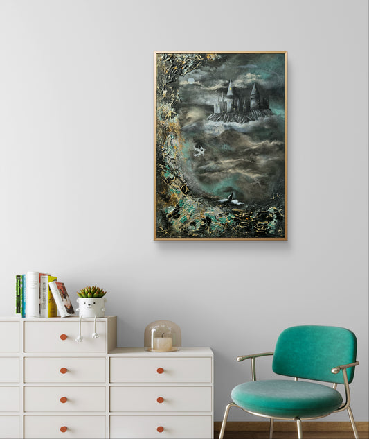 Fantasy Originalgemälde – Magisches Schloss, Mondlicht & Geflügeltes Pferd – Acryl auf Leinwand 70 × 100 cm – Handsigniert