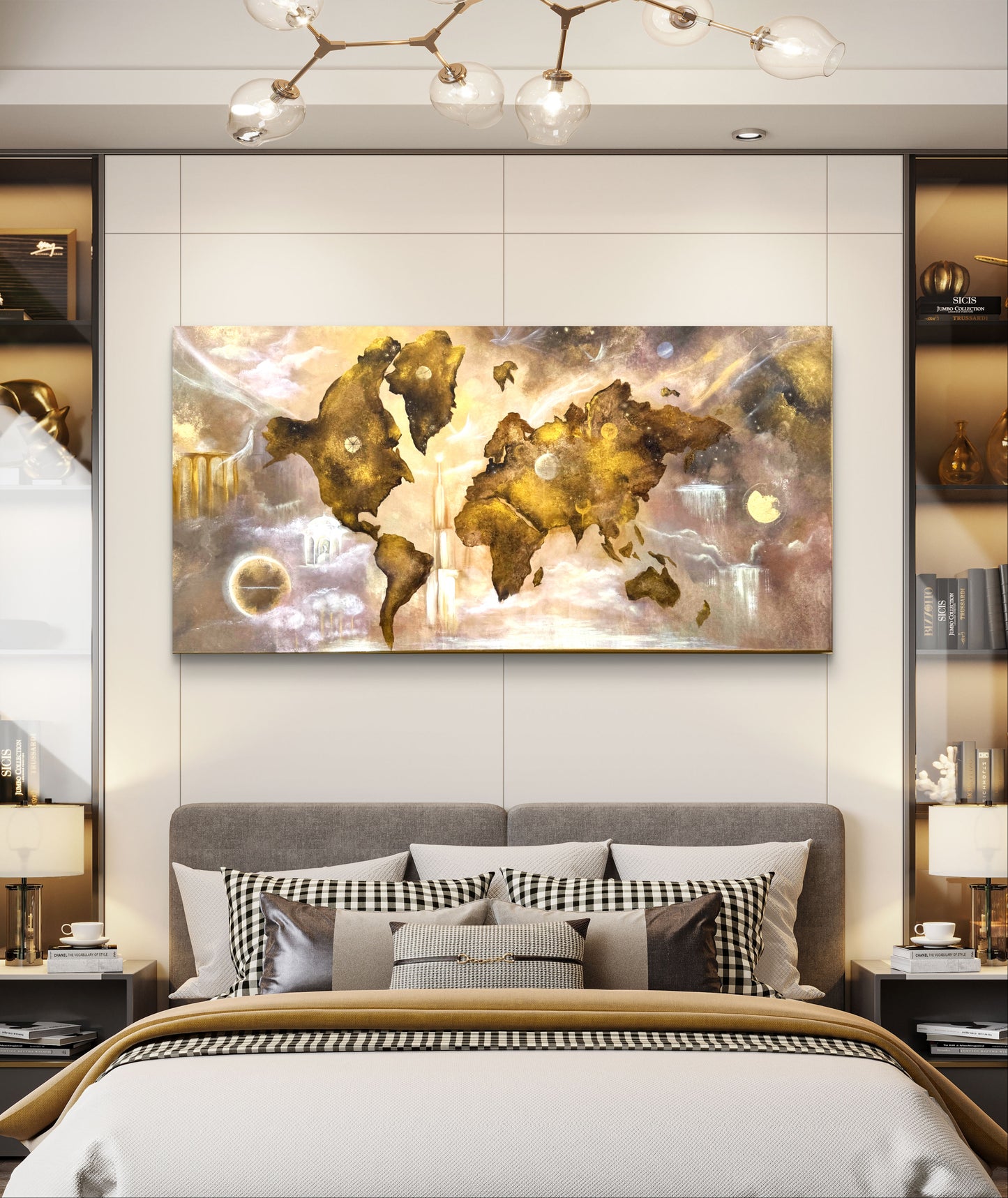 Original handgemaltes Weltkarten-Gemälde 140 × 70 cm in Gold mit kosmischen Elementen und Struktur