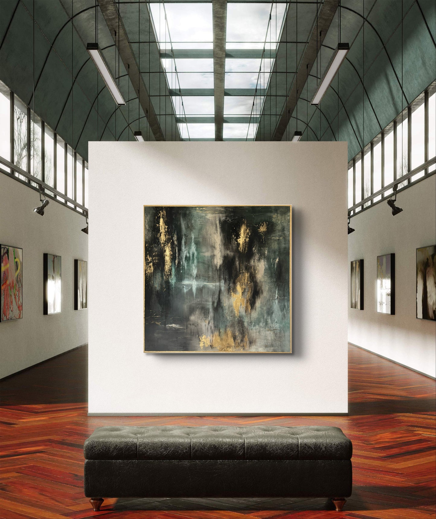 Original handgemaltes abstraktes Gemälde 100 × 100 cm in Schwarz, Grün & Gold mit Struktur