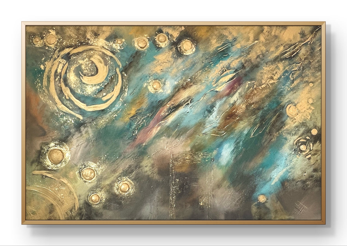 Abstraktes Originalgemälde – Celestial Flow in Gold & Blau – Acryl auf Leinwand 150 × 100 cm – Handsigniert