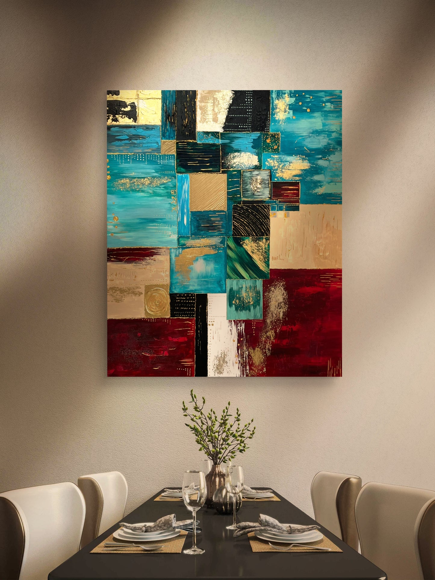 Original handgemaltes abstraktes Gemälde 120 × 100 cm in Blau, Rot, Beige