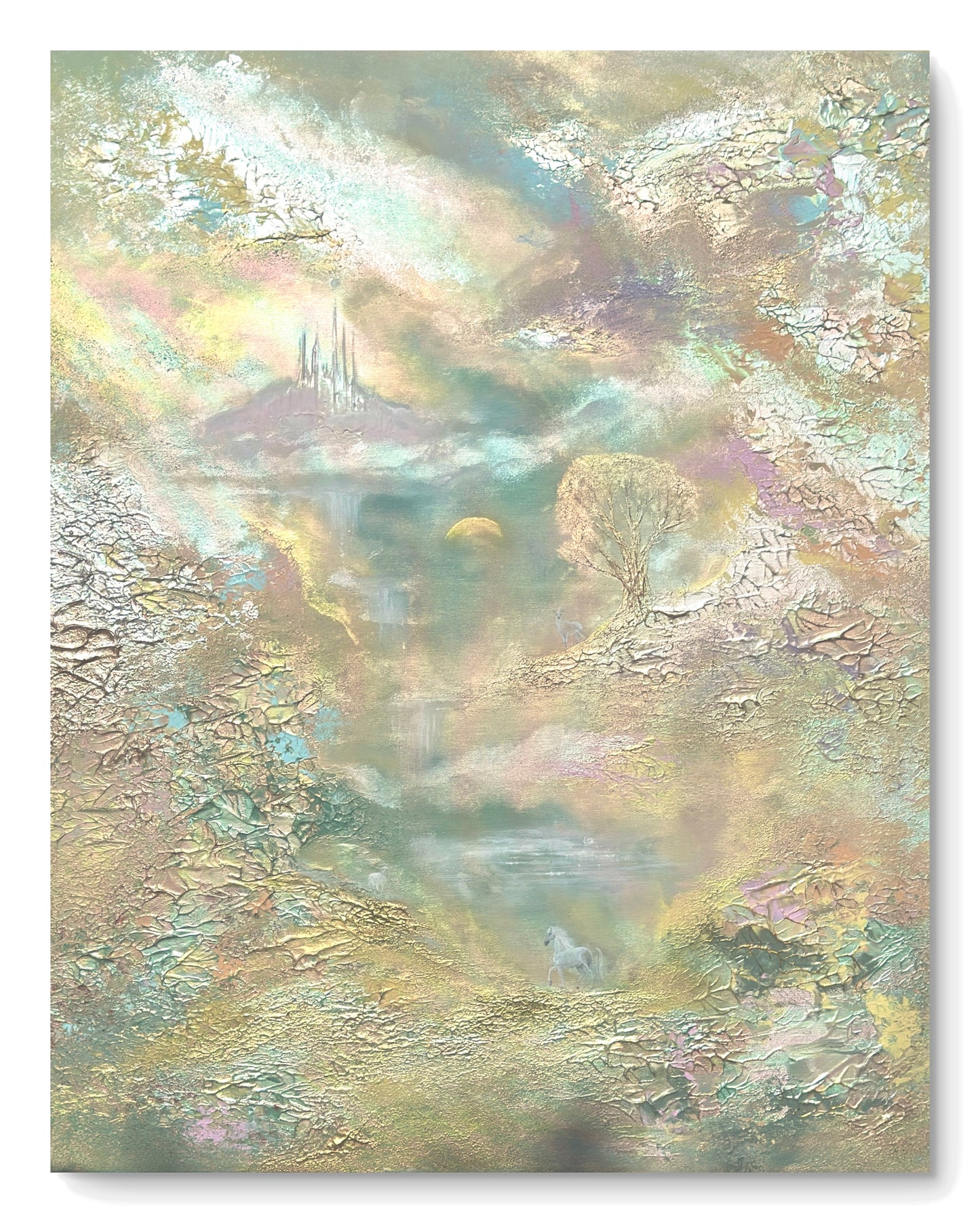 Pastellfarbenes Fantasy-Landschaftsgemälde mit Pferd, Schwan, Hirsch und Schloss – Original 80 × 100 cm