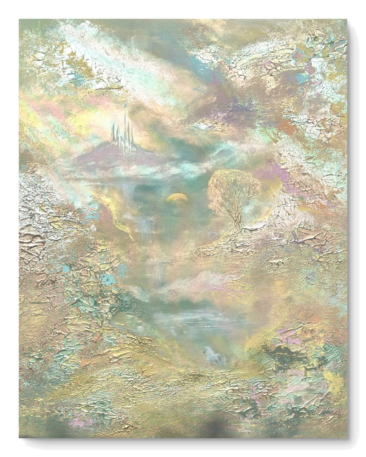 Pastellfarbenes Fantasy-Landschaftsgemälde mit Pferd, Schwan, Hirsch und Schloss – Original 80 × 100 cm