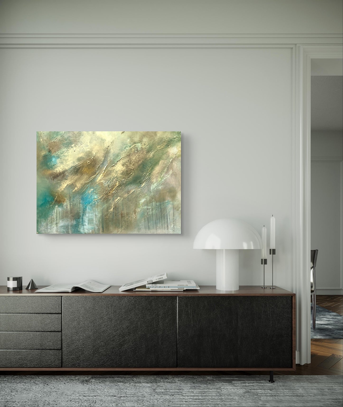 Original handgemaltes abstraktes Gemälde 100 × 70 cm in Gold, Blau, Grün & Erdtönen mit Struktur