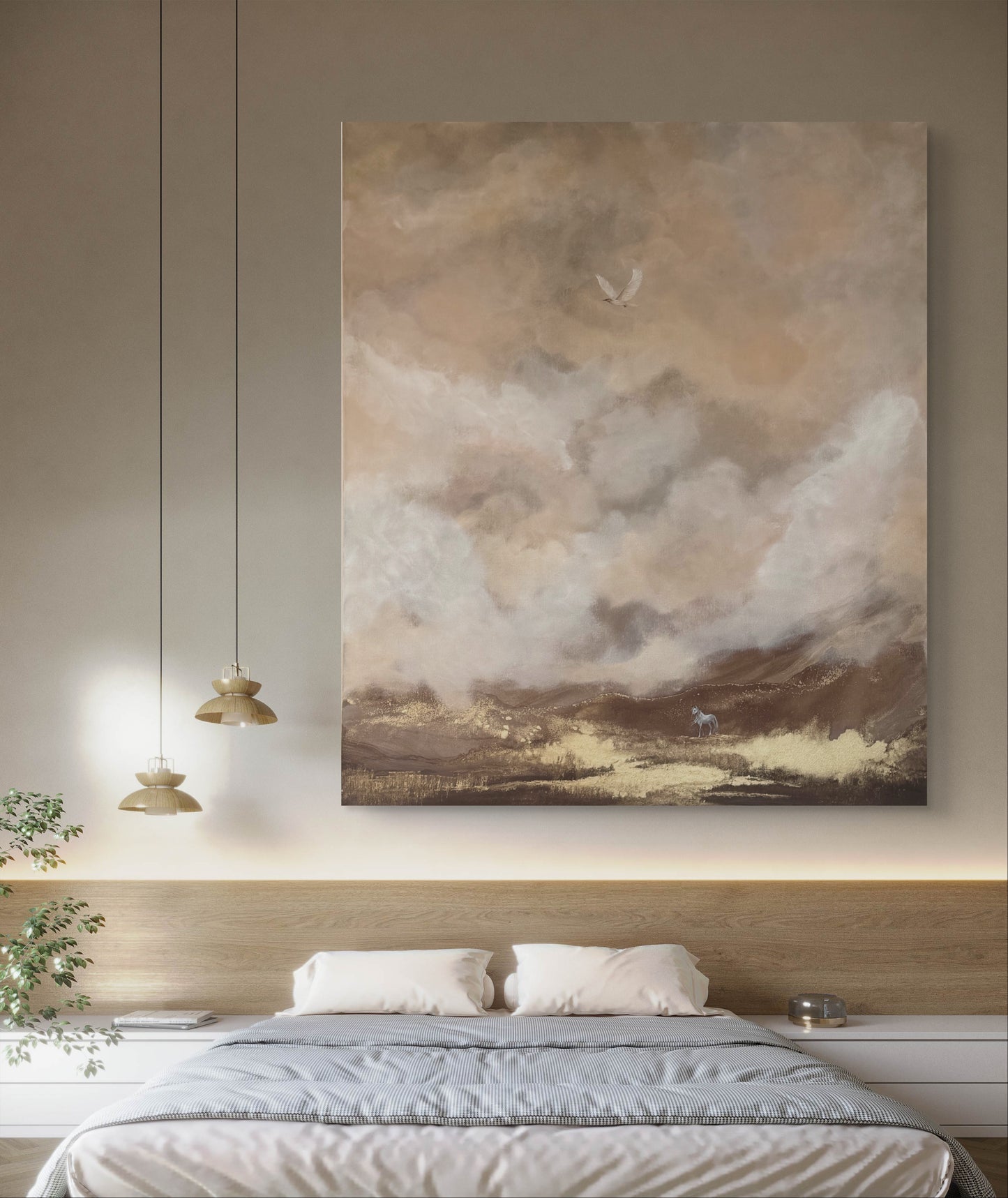 Original handgemaltes Gemälde 120 × 100 cm mit Pferd, Vogel & goldener Traumlandschaft