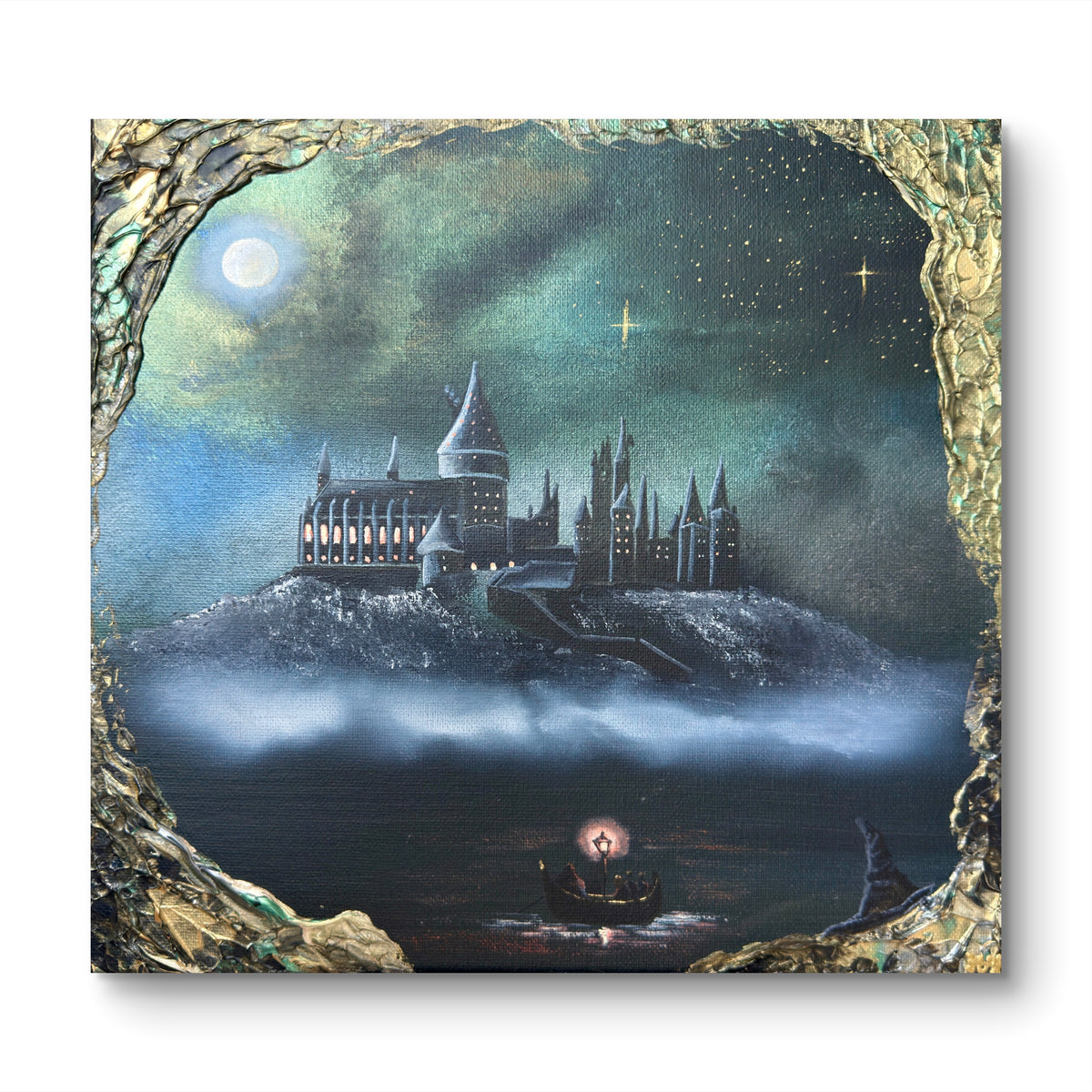 Original Fantasy Gemälde 30 × 30 cm – Magisches Schloss bei Nacht | Acryl & Öl