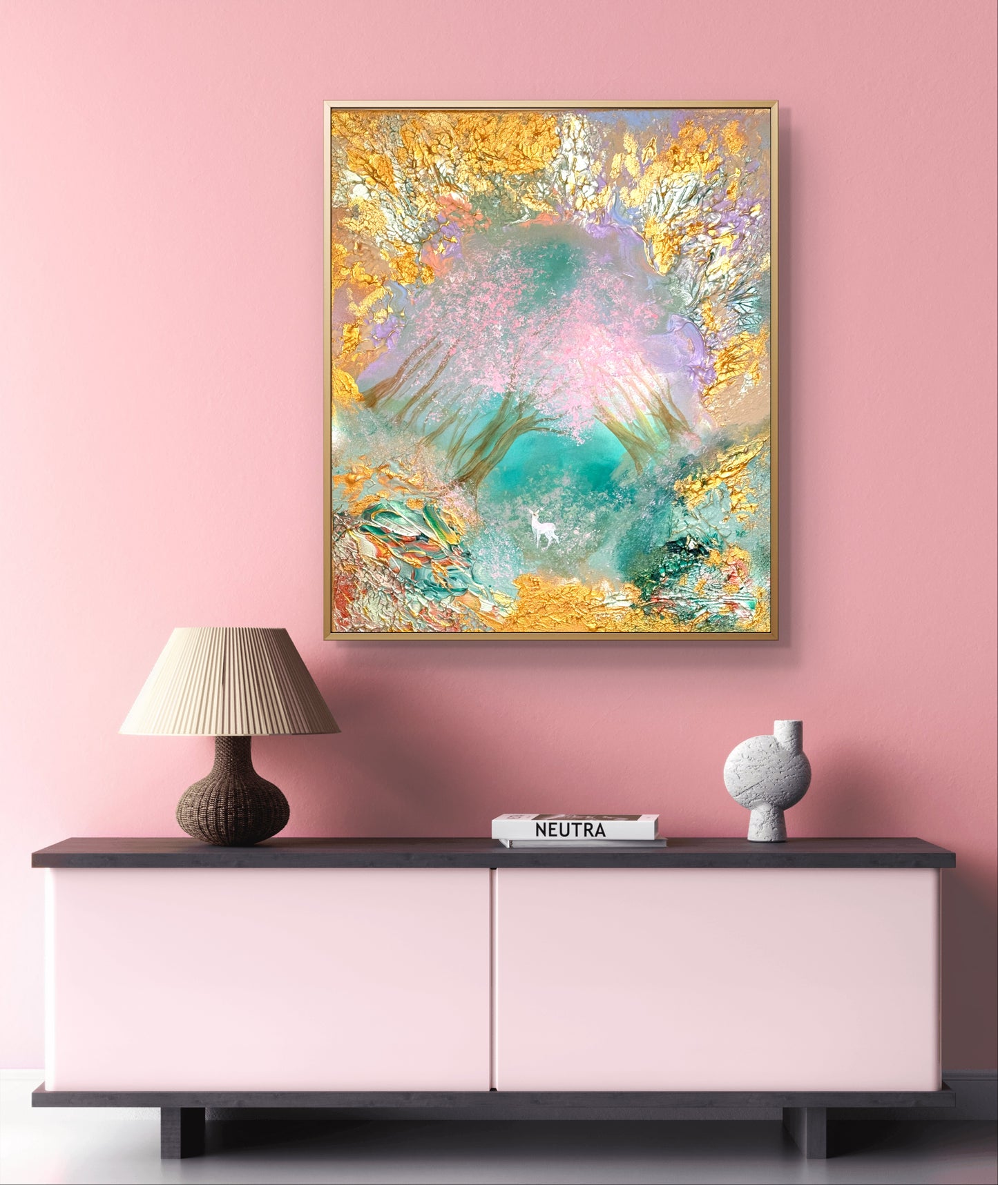 Original handgemaltes Fantasy-Gemälde 50 × 60 cm mit Hirschkalb im magischen Wald