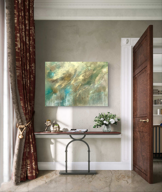 Original handgemaltes abstraktes Gemälde 100 × 70 cm in Gold, Blau, Grün & Erdtönen mit Struktur