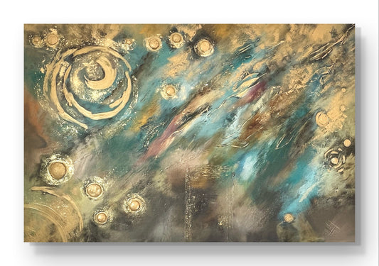 Abstraktes Originalgemälde – Celestial Flow in Gold & Blau – Acryl auf Leinwand 150 × 100 cm – Handsigniert